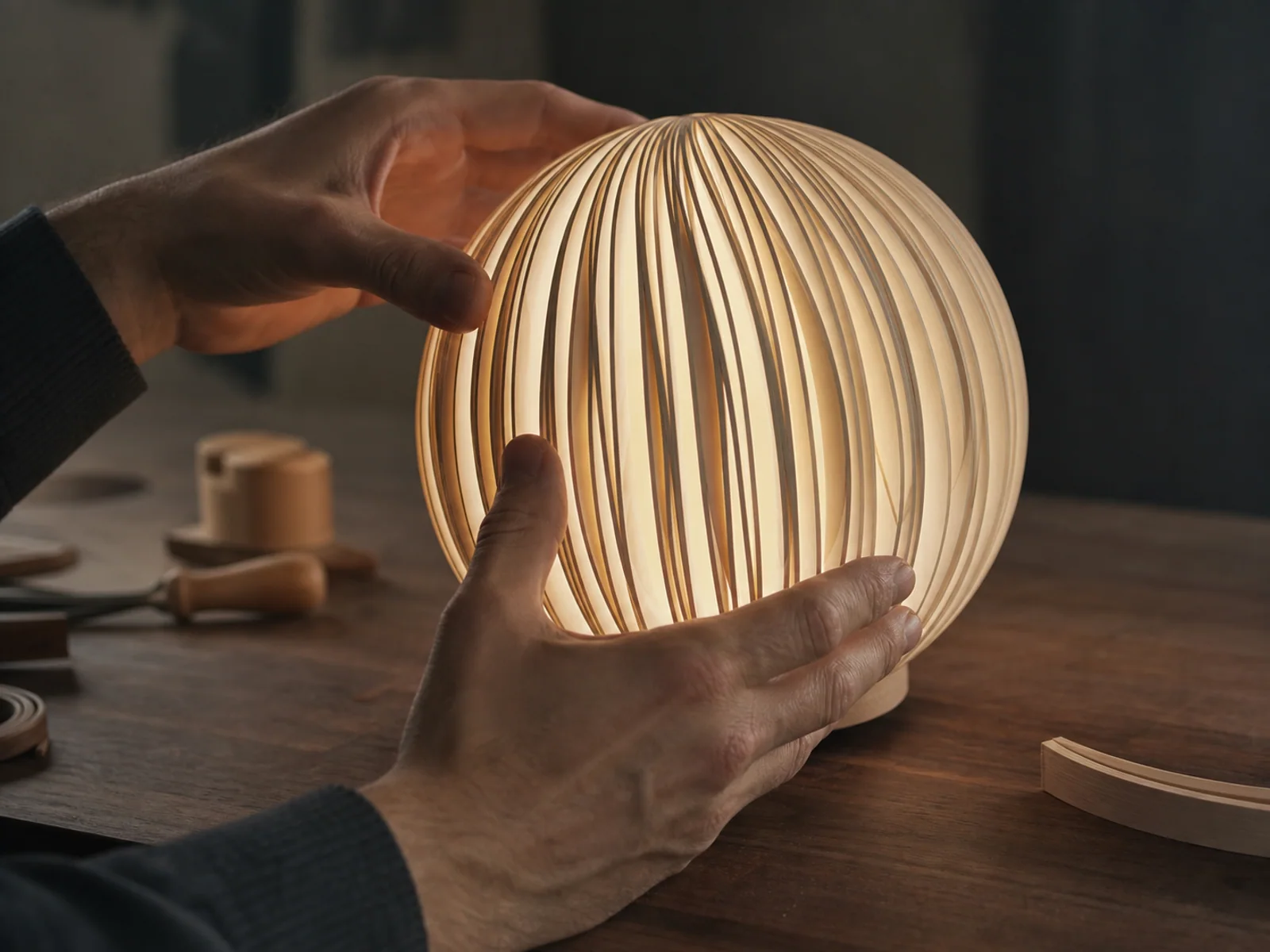 Hands inspecting a Rima lamp during production